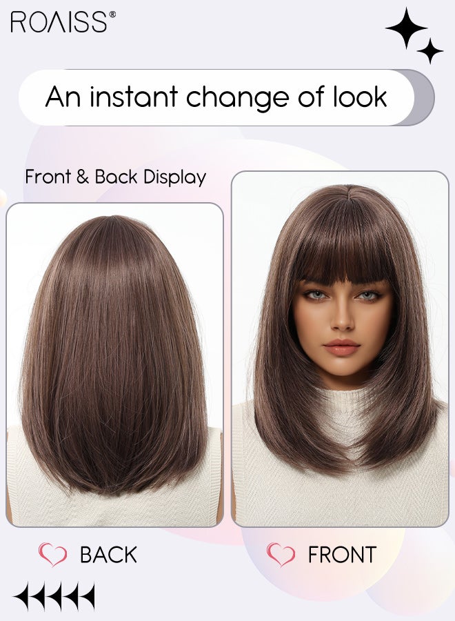 roaiss Brown Bob Straight Hair Wig with Bangs, Heat Resistant Synthetic Wig for Women, Suitable for Wedding Cosplay Party Daily Wear, Natural Looking, 35.6cm (14 inches) - Image 2